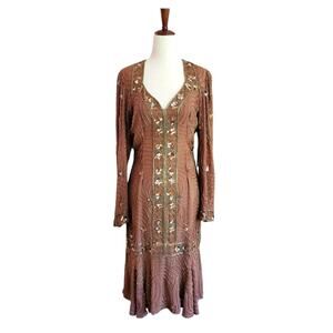 Vintage Brown Beaded Sequin Embellished Boho Maxi Dress - Small